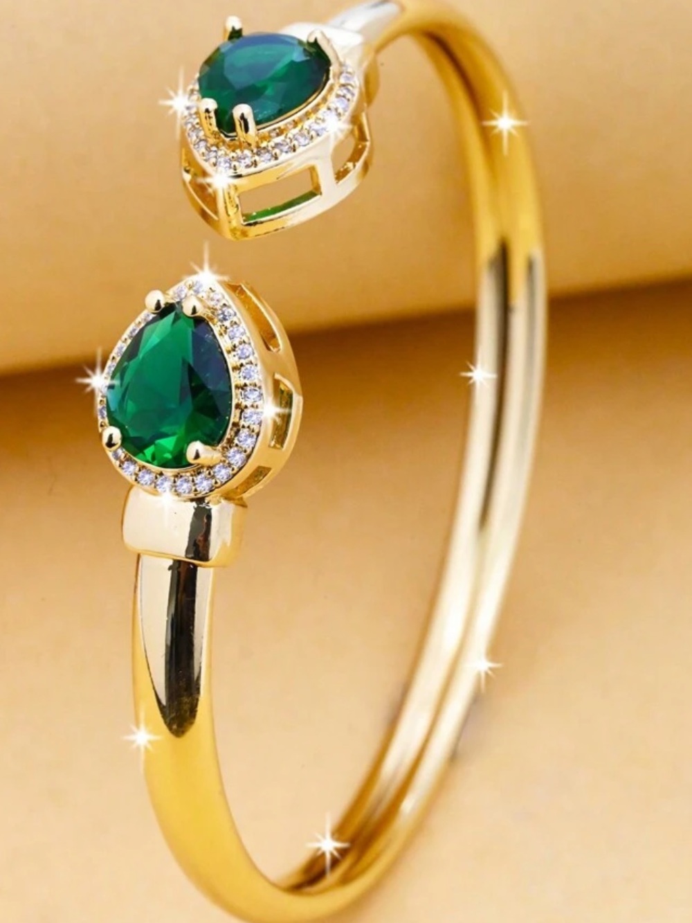 Gold Cuff Bracelet with Emerald Green Teardrop Stones - Picture 3 of 3